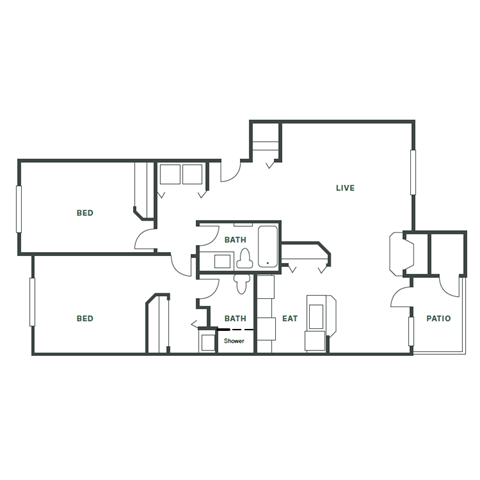Floor plan for 2 beds, 2 baths, 975 sqft